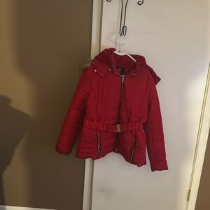 Red NY&Company puffer jacket.